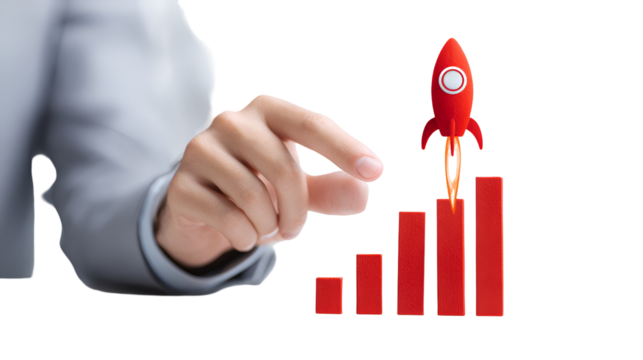 Hand guiding rocket launching upward on bar graph showing growth
