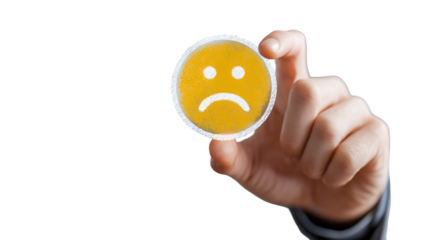 Hand holding sad emoticon negative feedback unhappy customer service