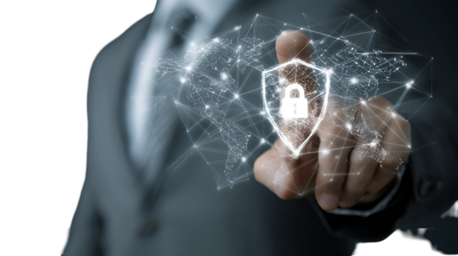 Global Cybersecurity Businessman secures network