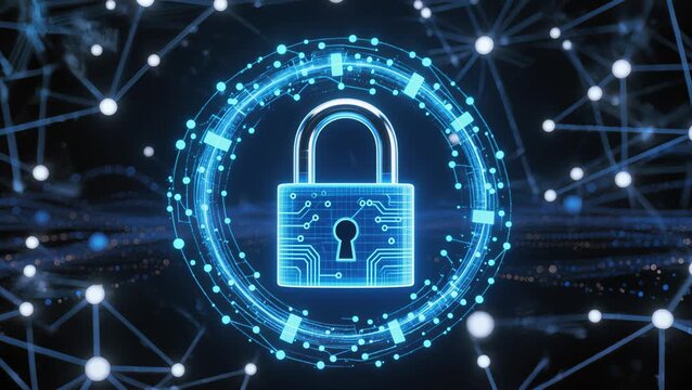 Futuristic digital padlock representing quantum encryption and cybersecurity. Glowing blue particles form a secure lock symbolizing advanced data protection and secure communication cryptography - Powered by Adobe