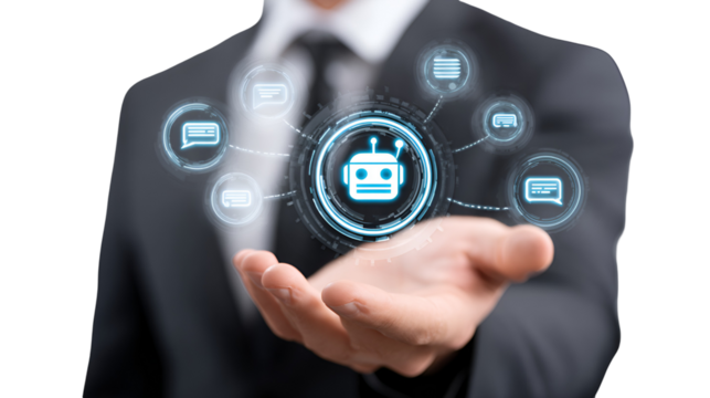 Businessman Presenting AI Chatbot Technology - Powered by Adobe