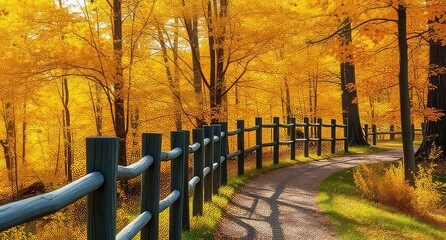 A scenic autumn path with a wooden fence and golden trees creating a warm and inviting atmosphere