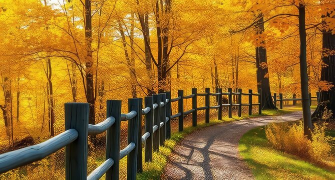 A scenic autumn path with a wooden fence and golden trees creating a warm and inviting atmosphere