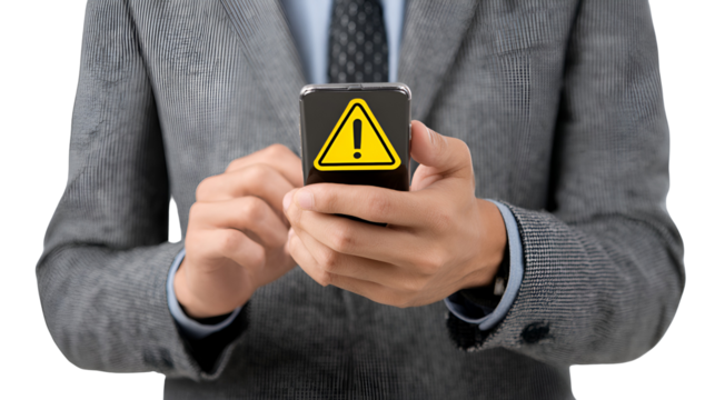 Businessman receives warning alert on smartphone