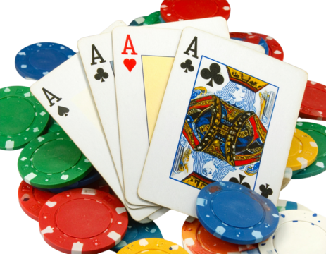 Four of a kind poker cards with casino chips gambling concept isolated on transparent background PNG - Powered by Adobe