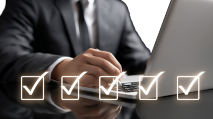 Businessman checking tasks on laptop checklist complete