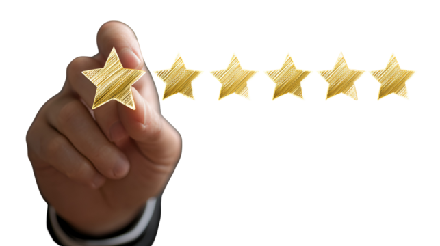 Hand selecting a gold star from a five star rating system