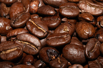 Close up of dark roasted coffee beans deep brown and tasty close up
