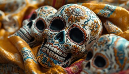 Obraz premium Day of the dead skulls with floral patterns on a colorful fabric