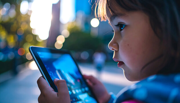 Young child engrossed in a digital tablet outdoors, with blurred city lights in the background, showcasing modern childhood interaction with technology. - Powered by Adobe