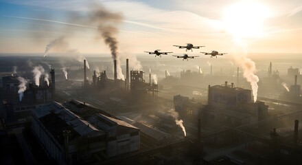 Drones monitoring industrial factory with smoke stacks, visualizing environmental control and pollution