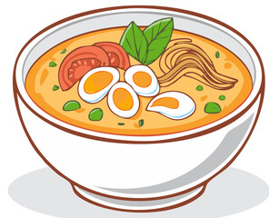 Delicious Ramen Noodle Soup Bowl Topped with Eggs Tomato and Basil Illustration