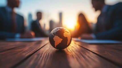 Business meeting with globe symbolizing global connections at sunset
