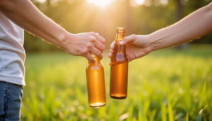 Friends toasting with beer bottles at sunset in green field  