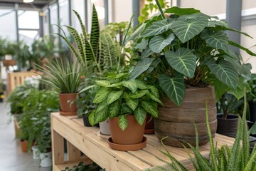 Fototapeta premium Collection of various potted houseplants displayed on a wooden shelf indoors