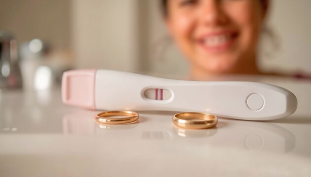 Woman smiling with pregnancy test and wedding rings on table  