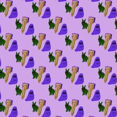 Whimsical Pattern of Ghosts, Cats, and Magical Frames seamless floral pattern