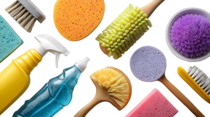 Cleaning supplies brushes sponges bottles on black background