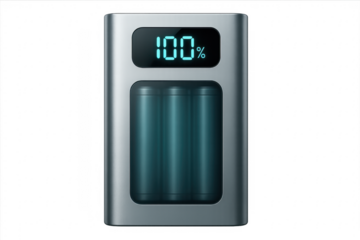 Battery charger showing 100 percent charge with transparent background