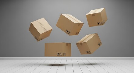 Cardboard boxes in mid-air against a neutral backdrop.
