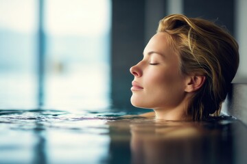 Peaceful woman with closed eyes relaxing in warm indoor spa pool, symbolizing wellness, self care, and tranquility, ideal for spa promotions, beauty advertising, lifestyle blogs, and wellness themes