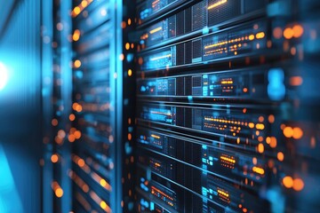 Naklejka premium Close up of glowing server racks with orange and blue lights in modern data center, symbolizing cloud hosting, storage, and digital infrastructure, ideal for IT, enterprise, and technology marketing