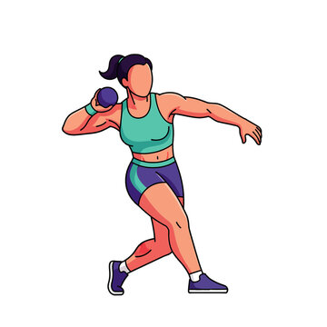 Female athlete in a dynamic pose preparing to throw a shot put in a track and field event, isolated on white.