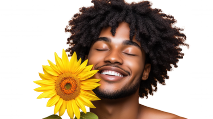 Young man with curly natural hair smiling with sunflower on transparent background