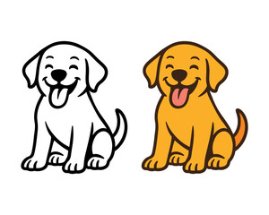 Cute Golden Retriever Puppy Cartoon: Playful Dog with Happy Expression in Color and Outline Version