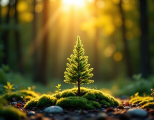 Small Young Conifer Growing in Sunlit Forest with Soft Background