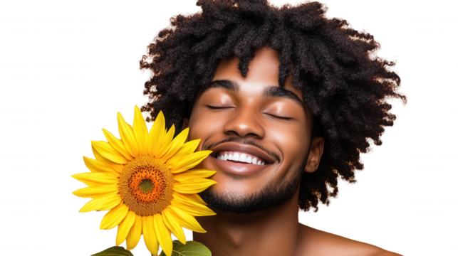 Young man with curly natural hair smiling with sunflower on transparent background