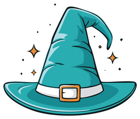 Turquoise witch hat with buckle and stars illustration