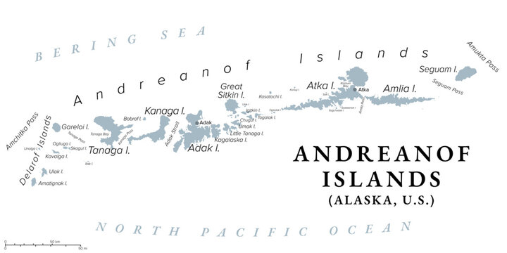 Andreanof Islands, Alaska, United States, gray political map. Group of islands in the Aleutian Islands between Amchitka Pass and Amukta Pass, with Adak on Adak Island, the westernmost city of the USA.