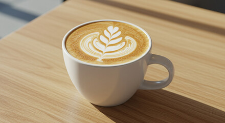 A close-up shot of a latte in a ceramic mug on a wooden table, latte art creates beautiful and aesthetic