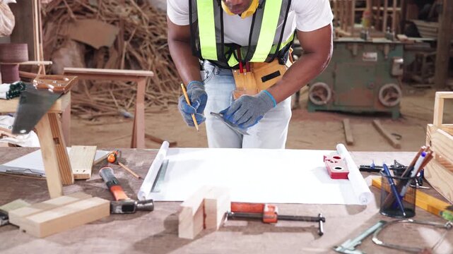 Carpenter drafting blueprint with measuring tools