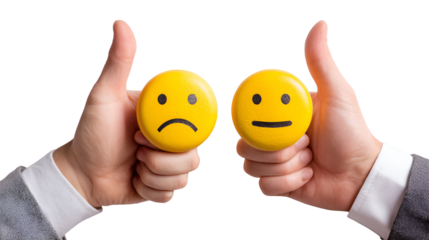 Two hands thumbs up holding happy and sad emoticons