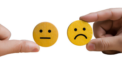 Hands holding neutral and sad yellow face emojis
