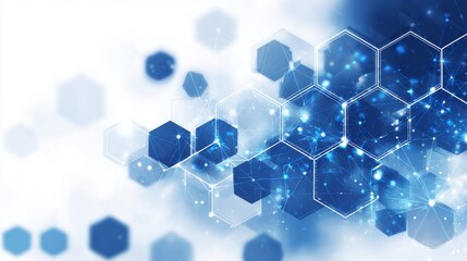 Abstract blue hexagons with glowing connecting lines forming futuristic digital background for modern science, technology, research, medical innovation, and data analysis concept