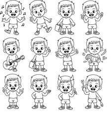 Cartoon boy character, black and white vector, emotional expressions, music, shopping, devil horns, tools, gestures, happy face, cute pose, illustration