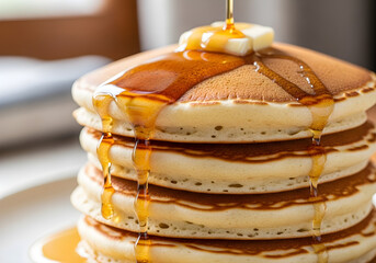 Golden syrup drizzling on stack of fluffy pancakes with butter, creating breakfast bliss