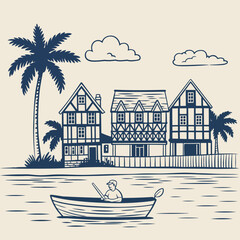 Fototapeta premium Clean navy blue and white simple line art illustration featuring geometric shapes and abstract elements