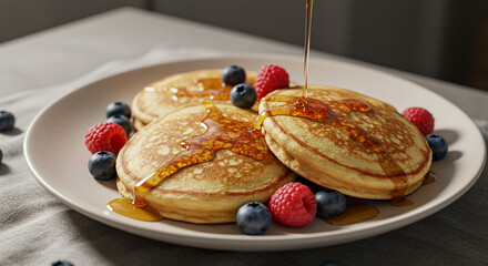Golden pancakes drizzled with maple syrup and adorned with fresh berries, a delightful breakfast or brunch option. The scene is set to evoke a sense of warmth and deliciousness
