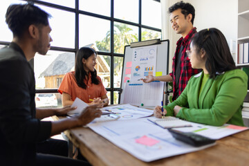 Fototapeta premium Young Asian entrepreneurs are discussing business strategy, presentation during a meeting in office.