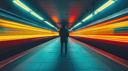 Solitary figure standing still on futuristic subway platform amidst vivid cyan, amber and crimson neon light trails and motion blur of passing transit