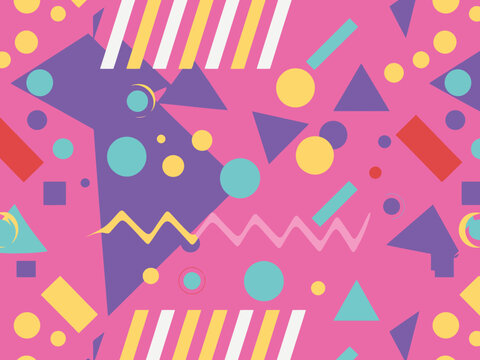 A vibrant and energetic 1990s inspired geometric pattern design with bold colors and abstract shapes for graphic design