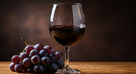 A wine glass and a cluster of grapes beautifully arranged on a wooden surface, showcasing the richness and essence of wine
