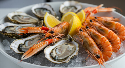 A gourmet seafood platter, beautifully arranged with oysters, prawns, and lemon slices. The image is an appetizing view of a classic dish.