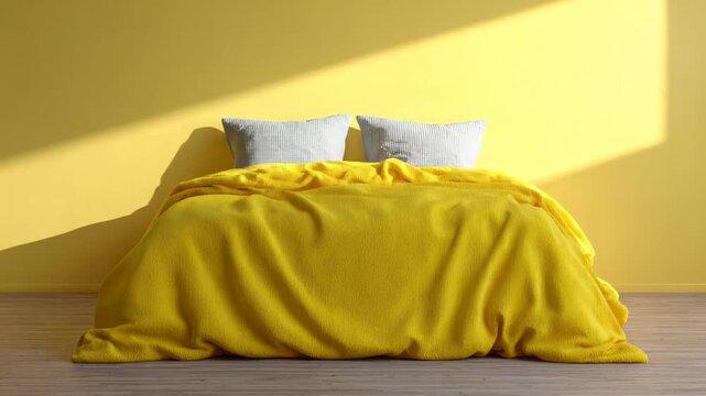 Bright yellow bedding set against a sunlit wall, evokes warmth and cheerfulness, ideal for spring or summer bedroom decor inspiration, minimalistic and modern