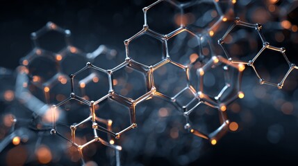 Abstract hexagonal molecular structures with futuristic digital connections on a scientific background, concept of biotechnology, nanotechnology, chemistry, and medical research innovation