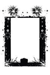 Party Grunge Poster Template. Vector Border with Fireworks and Speakers for Events